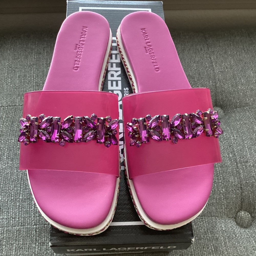 KARL LAGERFELD PARIS Women's Bijou Embellished Slide Sandals, size 7 - Picture 12 of 13